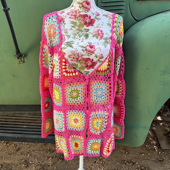 Fuchsia Handmade( not by me) Granny Square Crochet Cardigan - Picture 3 of 16